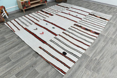 Vintage Hemp Kilim Rug – 9'x11' Tribal Stripe, Off‑white